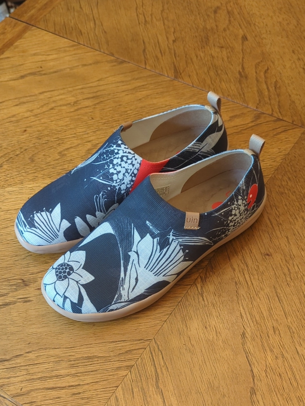 Lily in Dark Toledo Floral Design Foot Friendly Navy & White Slip-on Travel Shoe